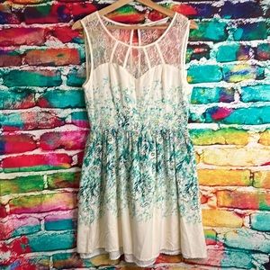 LC Lauren Conrad White and Teal Asymmetrical Dress